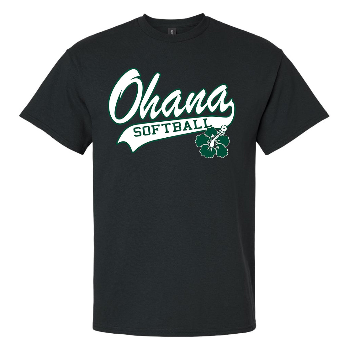 Ohana Softball Cursive Flower Adult and Youth Unisex Gildan T-Shirt - 3 Colors