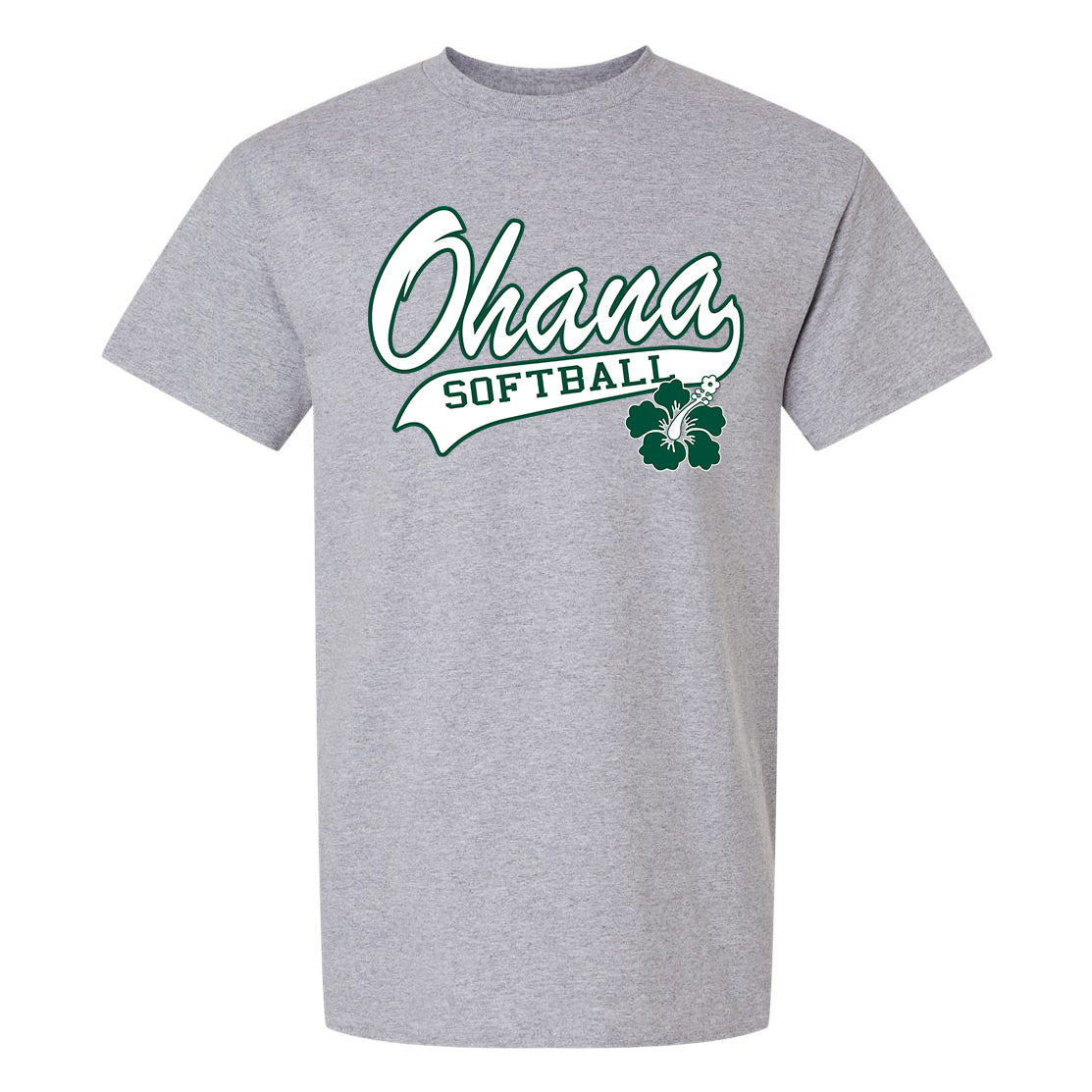 Ohana Softball Cursive Flower Adult and Youth Unisex Gildan T-Shirt - 3 Colors