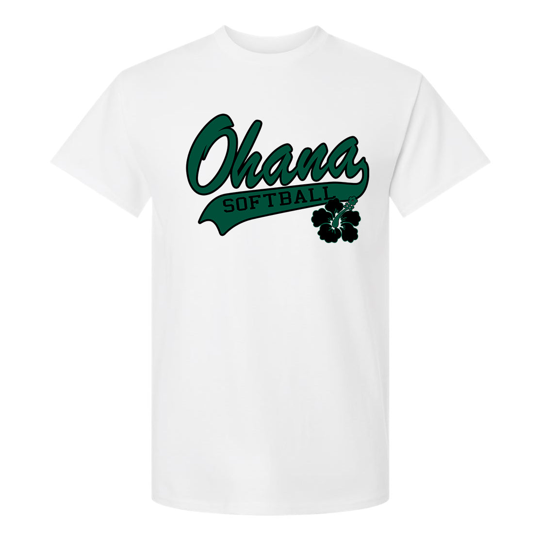 Ohana Softball Cursive Flower Adult and Youth Unisex Gildan T-Shirt - 3 Colors